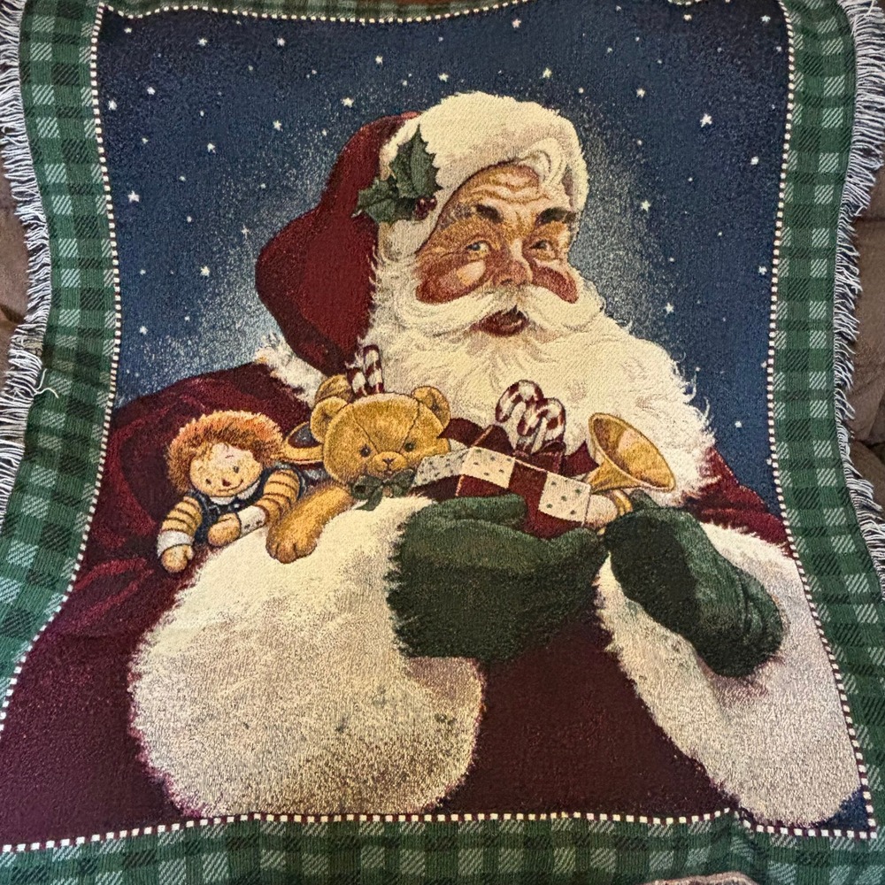 Vintage Santa Claus Woven Tapestry Throw Blanket Multicolor Cotton Blend